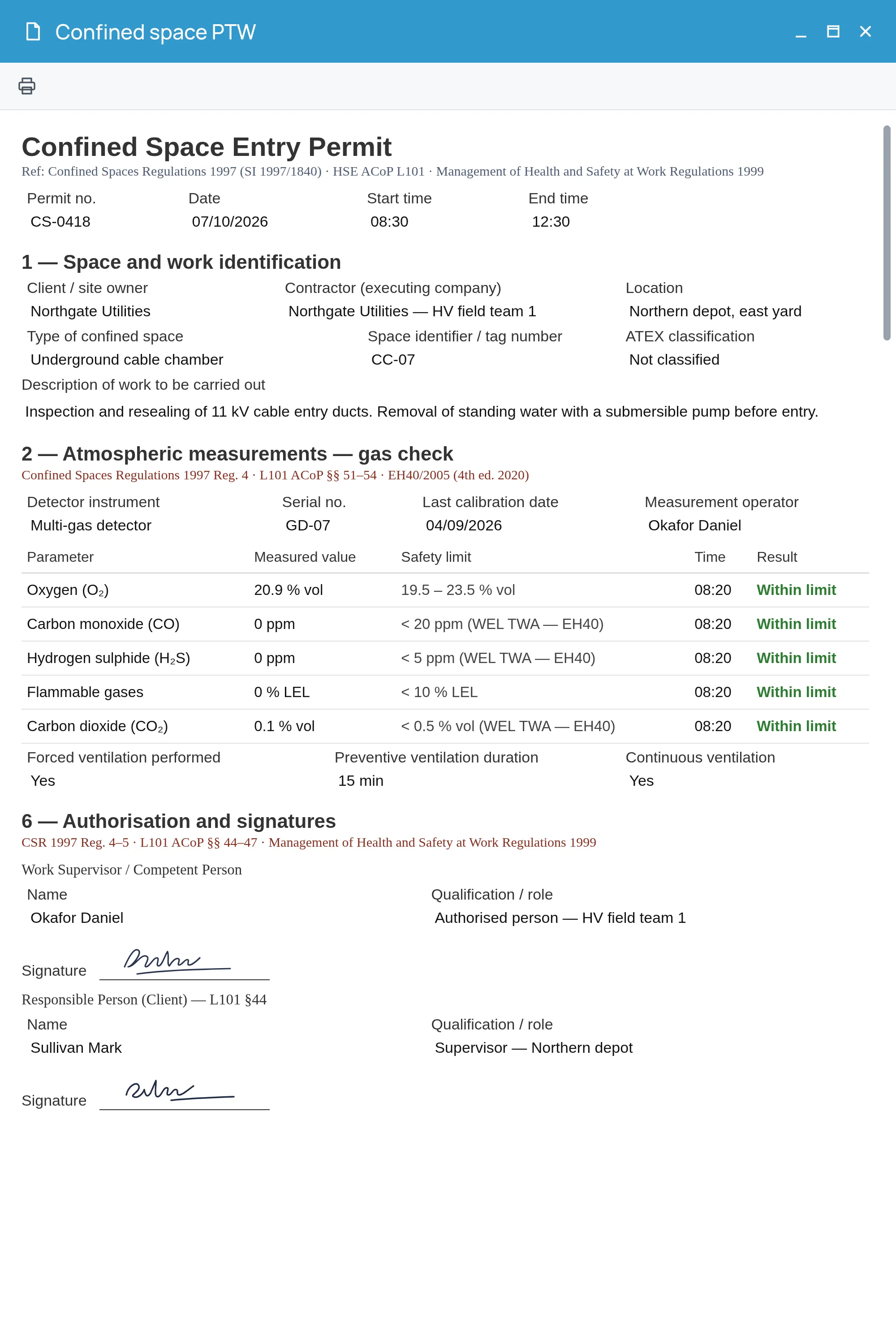 4HSE confined space entry permit with gas check measurements and in-app signatures