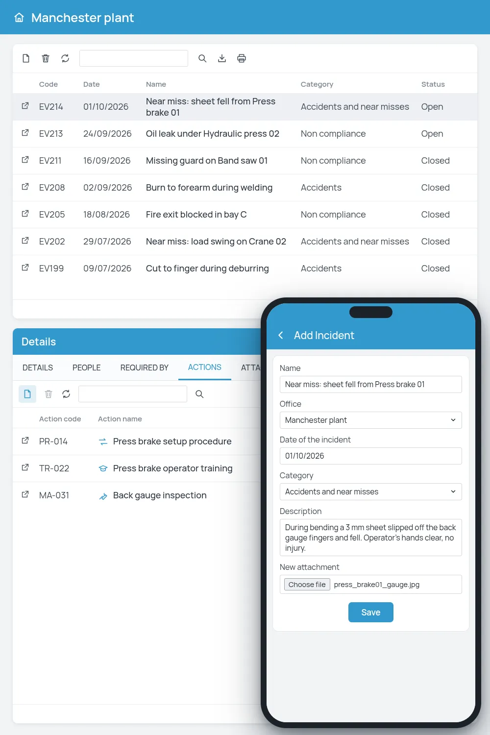 4HSE events list with a near miss and its linked actions, and the Add Incident form on mobile