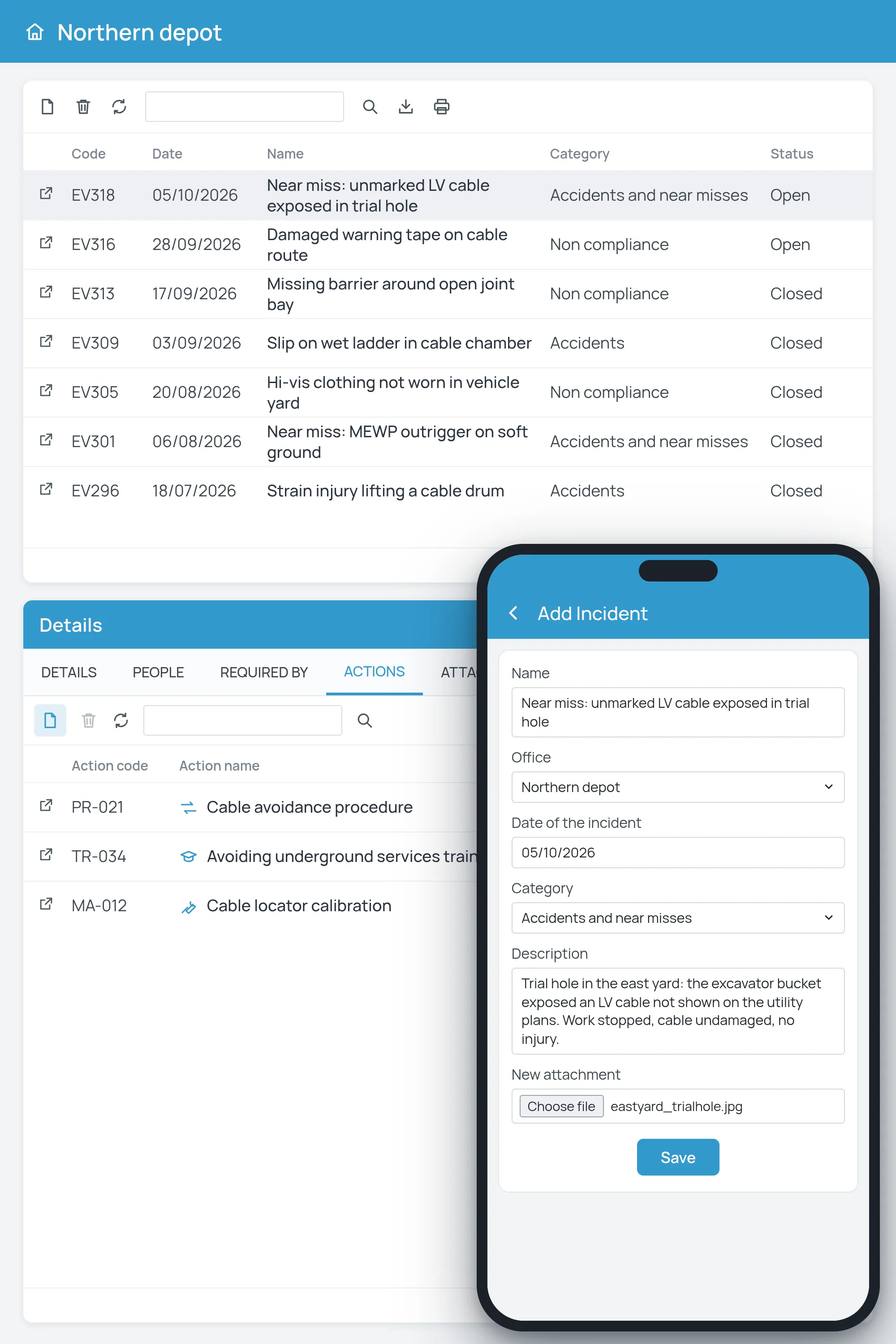 4HSE event list with a near miss and its linked actions, and the mobile reporting form