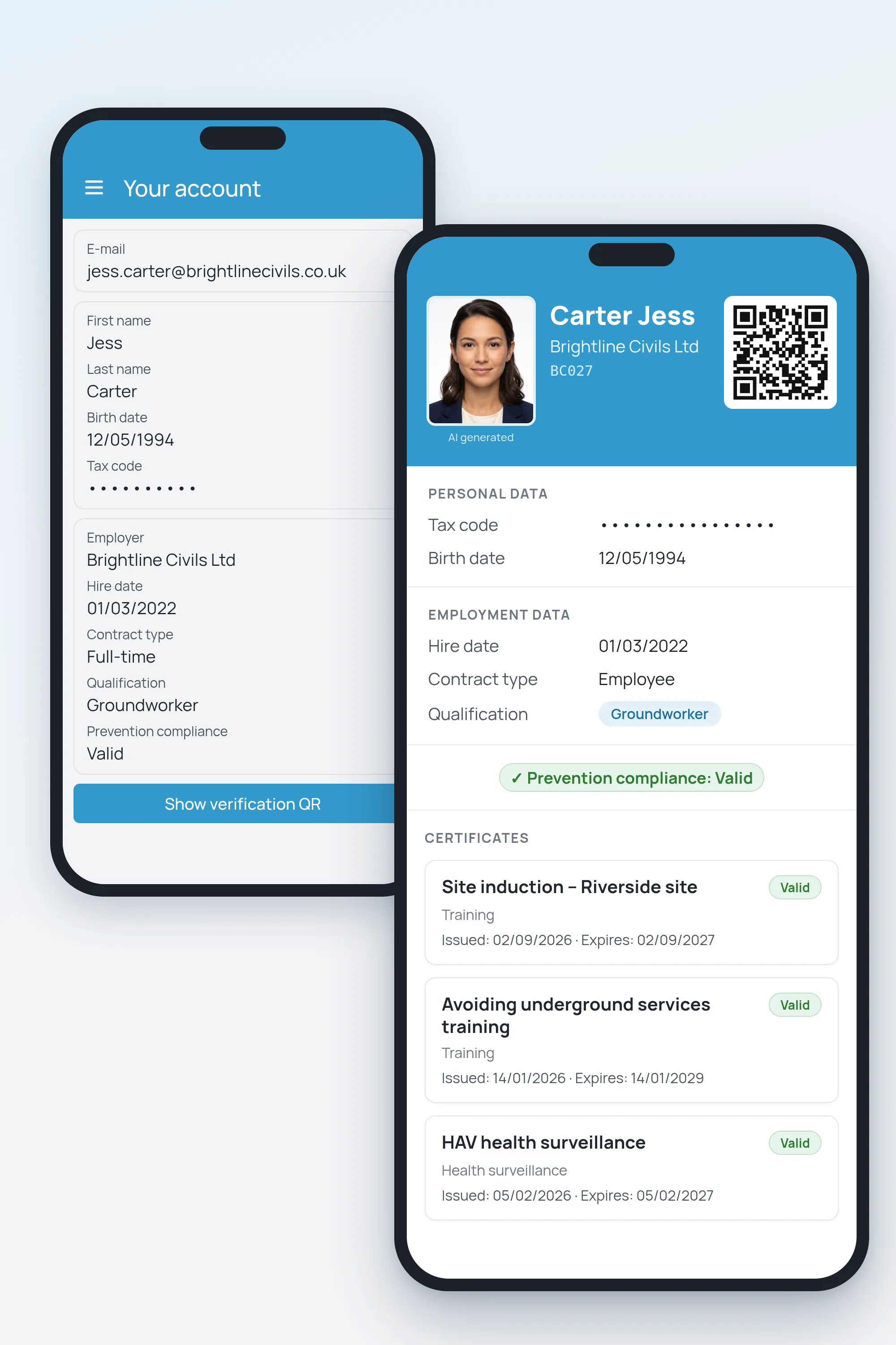 4HSE mobile app for a subcontractor groundworker: account data and verification card with site induction and valid certificates