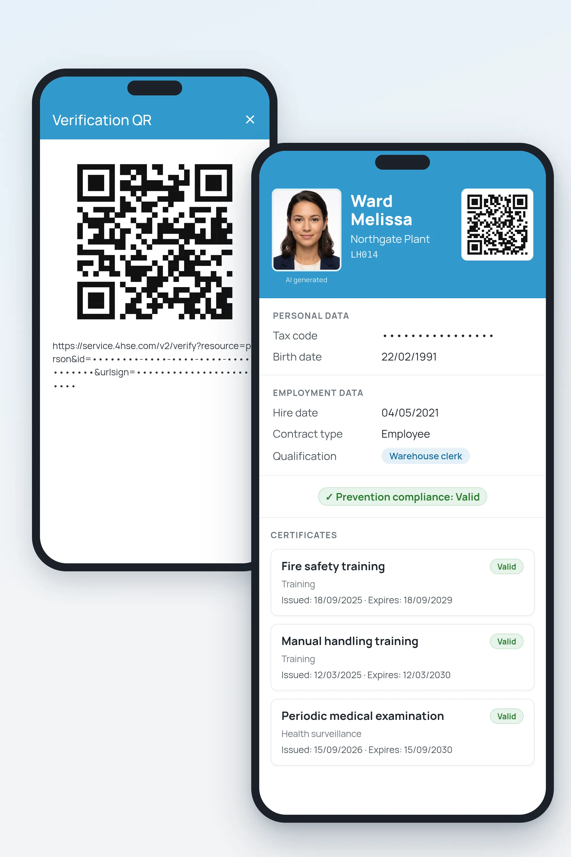 4HSE verification QR on mobile and worker card with qualification, prevention compliance and valid training certificates